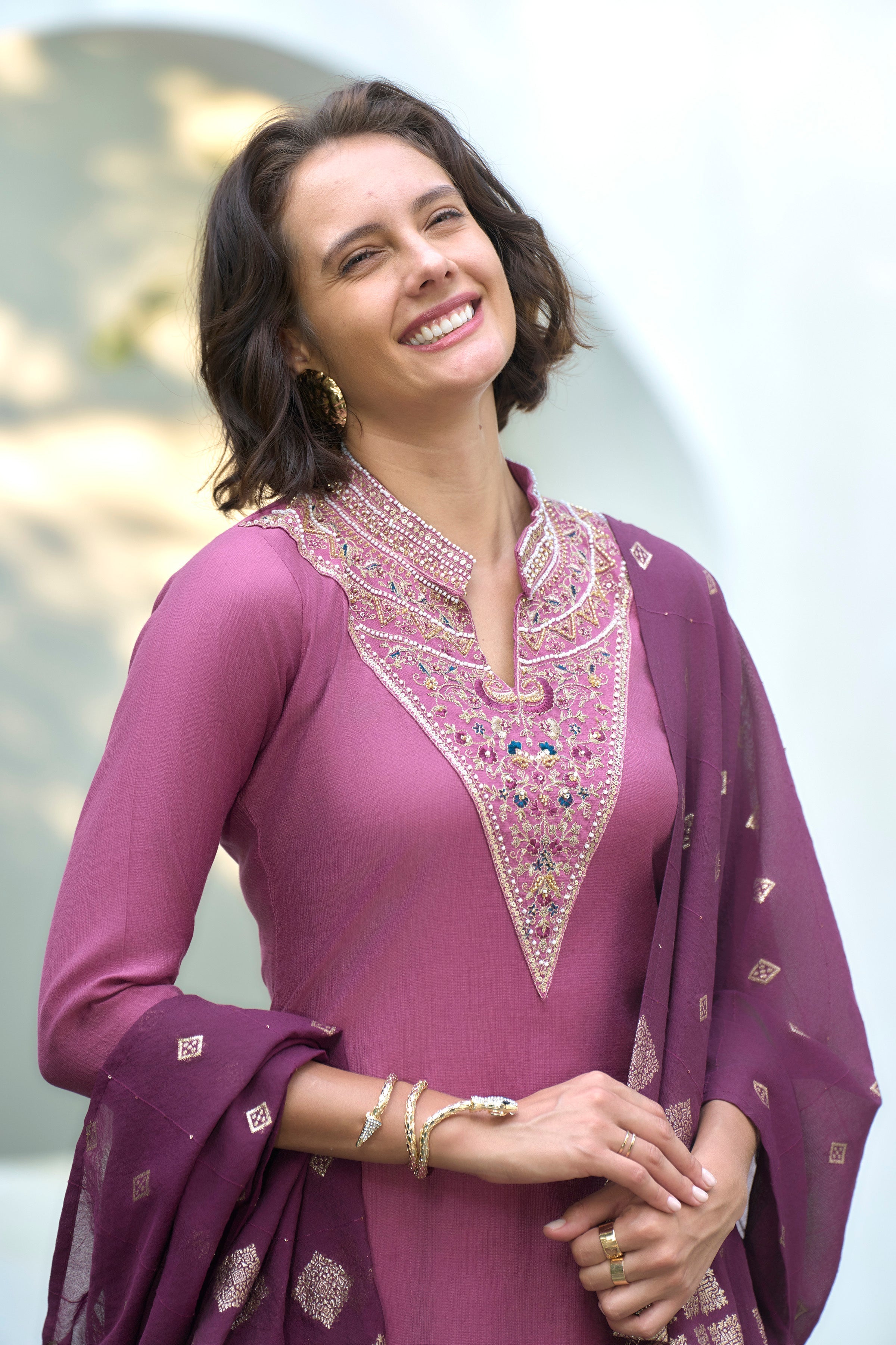 Women's Cotton Wine Embroidered Kurta Pant With Dupatta