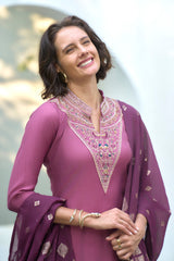 Women's Cotton Wine Embroidered Kurta Pant With Dupatta-AVT-S2040-Wine