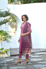 Women's Cotton Wine Embroidered Kurta Pant With Dupatta-AVT-S2040-Wine