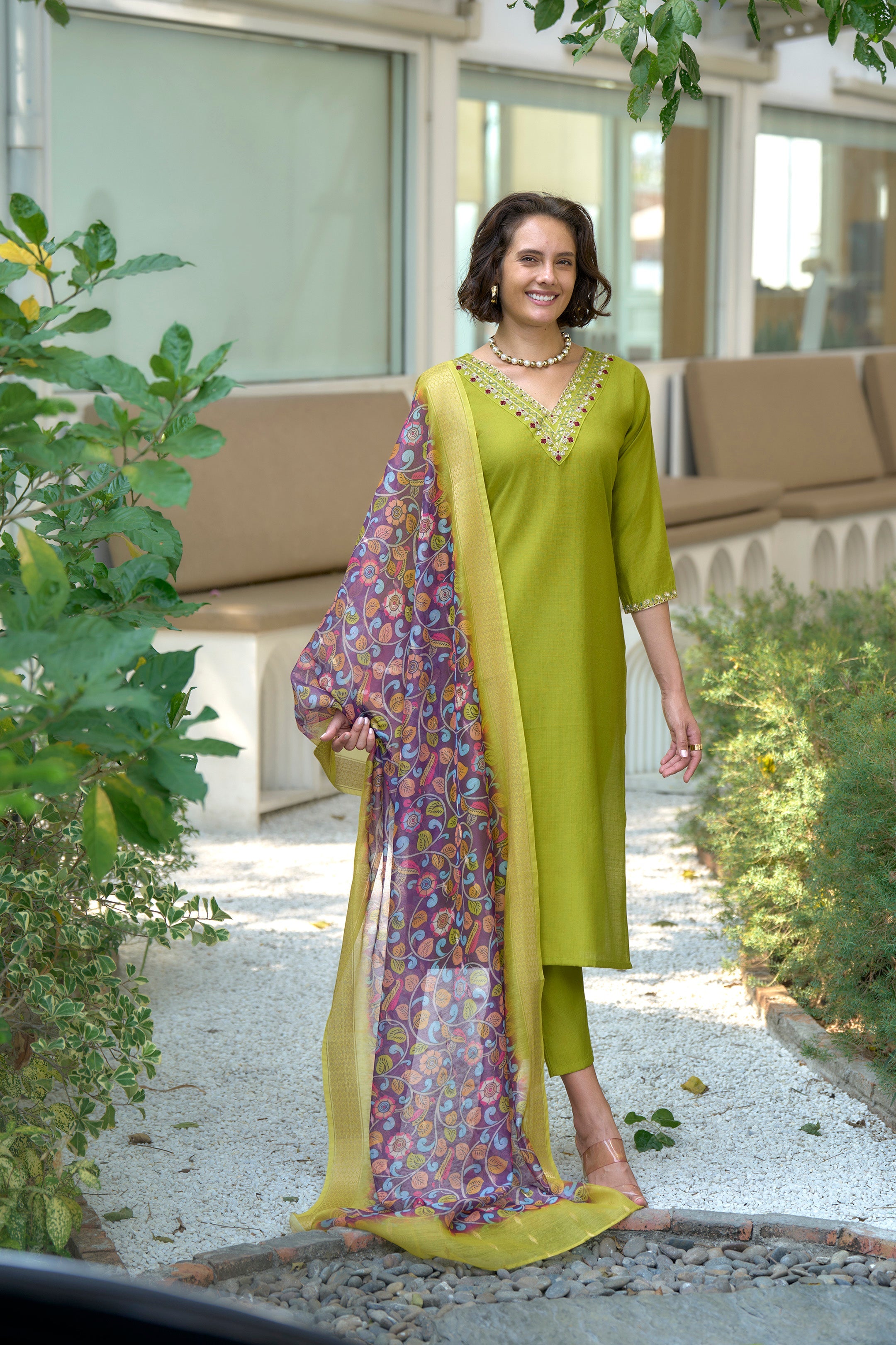 Women's Cotton Light Green Embroidered Kurta Pant With Dupatta