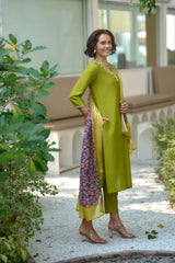 Women's Cotton Light Green Embroidered Kurta Pant With Dupatta-AVT-S2041-LGreen