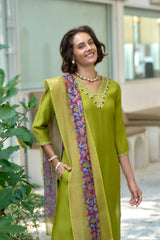 Women's Cotton Light Green Embroidered Kurta Pant With Dupatta-AVT-S2041-LGreen