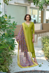 Women's Cotton Light Green Embroidered Kurta Pant With Dupatta-AVT-S2041-LGreen