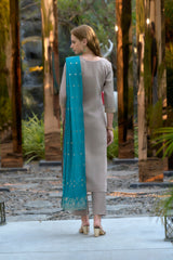 Women's Cotton Grey Embroidered Kurta Pant With Dupatta-AVT-S2042-Grey