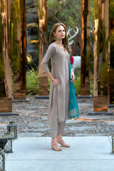 Women's Cotton Grey Embroidered Kurta Pant With Dupatta-AVT-S2042-Grey