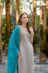 Women's Cotton Grey Embroidered Kurta Pant With Dupatta-AVT-S2042-Grey
