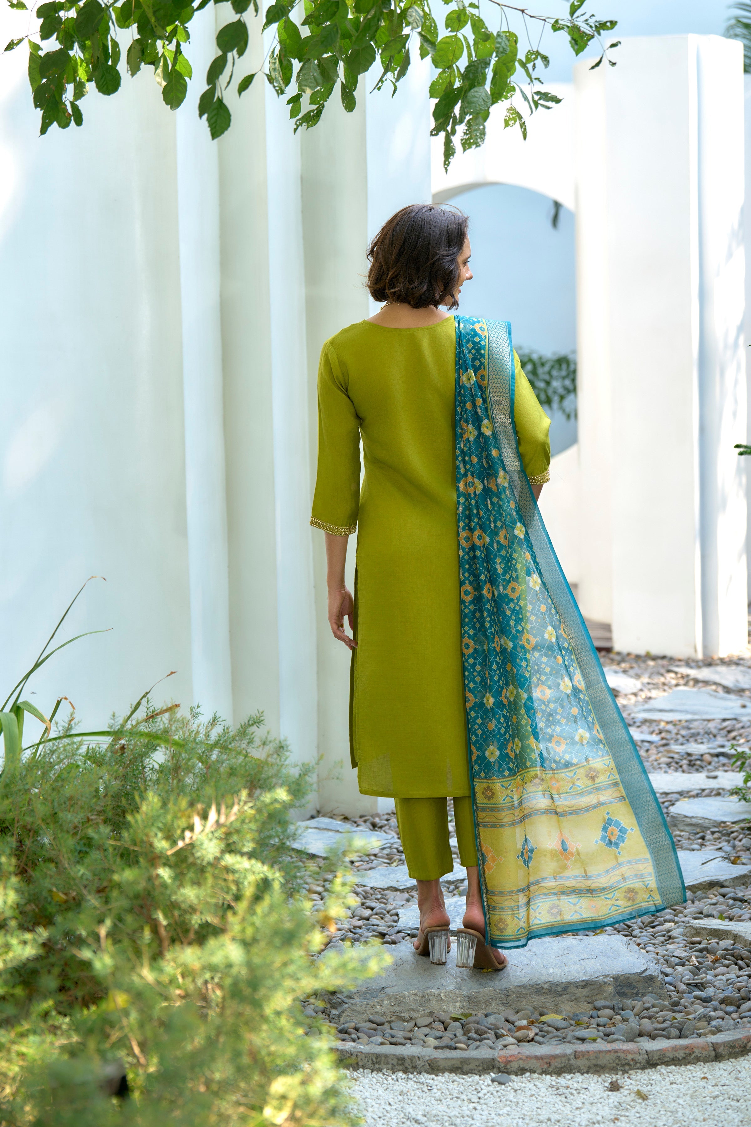 Women's Cotton Light Green Embroidered Kurta Pant With Dupatta