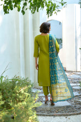 Women's Cotton Light Green Embroidered Kurta Pant With Dupatta-AVT-S2043-LGreen