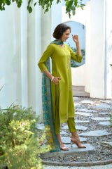 Women's Cotton Light Green Embroidered Kurta Pant With Dupatta-AVT-S2043-LGreen