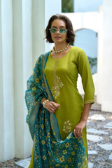 Women's Cotton Light Green Embroidered Kurta Pant With Dupatta-AVT-S2043-LGreen