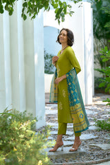 Women's Cotton Light Green Embroidered Kurta Pant With Dupatta-AVT-S2043-LGreen