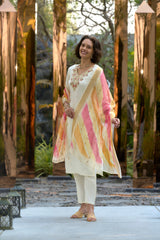Women's Cotton OffWhite Embroidered Kurta Pant With Dupatta-AVT-S2044-Cream