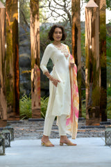 Women's Cotton OffWhite Embroidered Kurta Pant With Dupatta-AVT-S2044-Cream