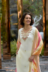 Women's Cotton OffWhite Embroidered Kurta Pant With Dupatta-AVT-S2044-Cream