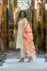 Women's Cotton OffWhite Embroidered Kurta Pant With Dupatta-AVT-S2044-Cream