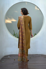 Women's Cotton Khaki Embroidered Kurta Pant With Dupatta-AVT-S2045-Khaki