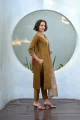 Women's Cotton Khaki Embroidered Kurta Pant With Dupatta-AVT-S2045-Khaki