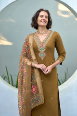 Women's Cotton Khaki Embroidered Kurta Pant With Dupatta-AVT-S2045-Khaki