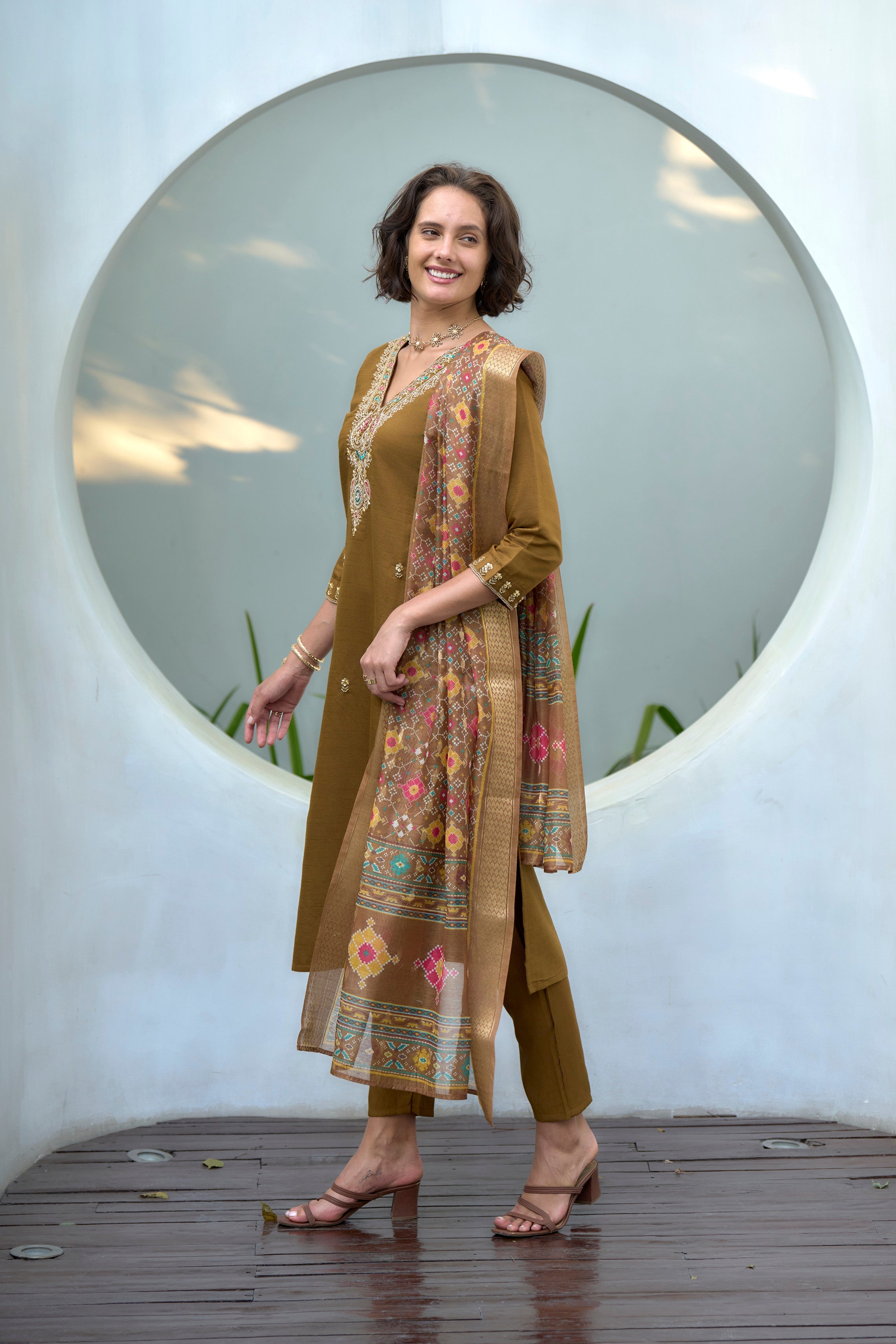 Women's Cotton Khaki Embroidered Kurta Pant With Dupatta
