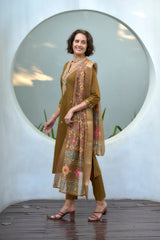 Women's Cotton Khaki Embroidered Kurta Pant With Dupatta-AVT-S2045-Khaki