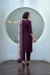 Women's Cotton Purple Embroidered Kurta Pant With Dupatta-AVT-S2046-Purple