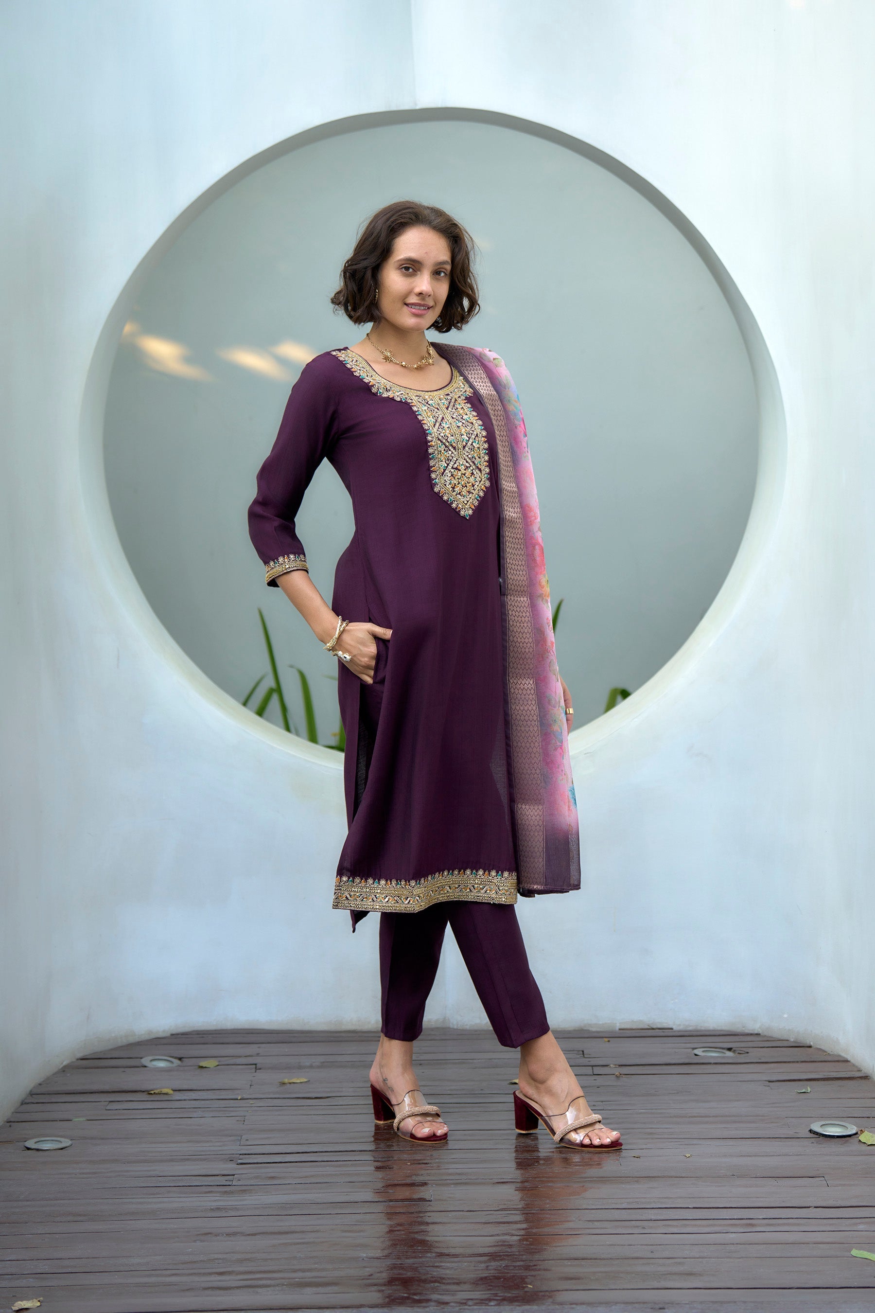Women's Cotton Purple Embroidered Kurta Pant With Dupatta