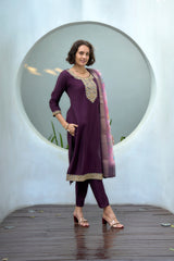 Women's Cotton Purple Embroidered Kurta Pant With Dupatta-AVT-S2046-Purple