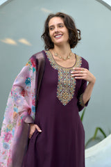 Women's Cotton Purple Embroidered Kurta Pant With Dupatta-AVT-S2046-Purple