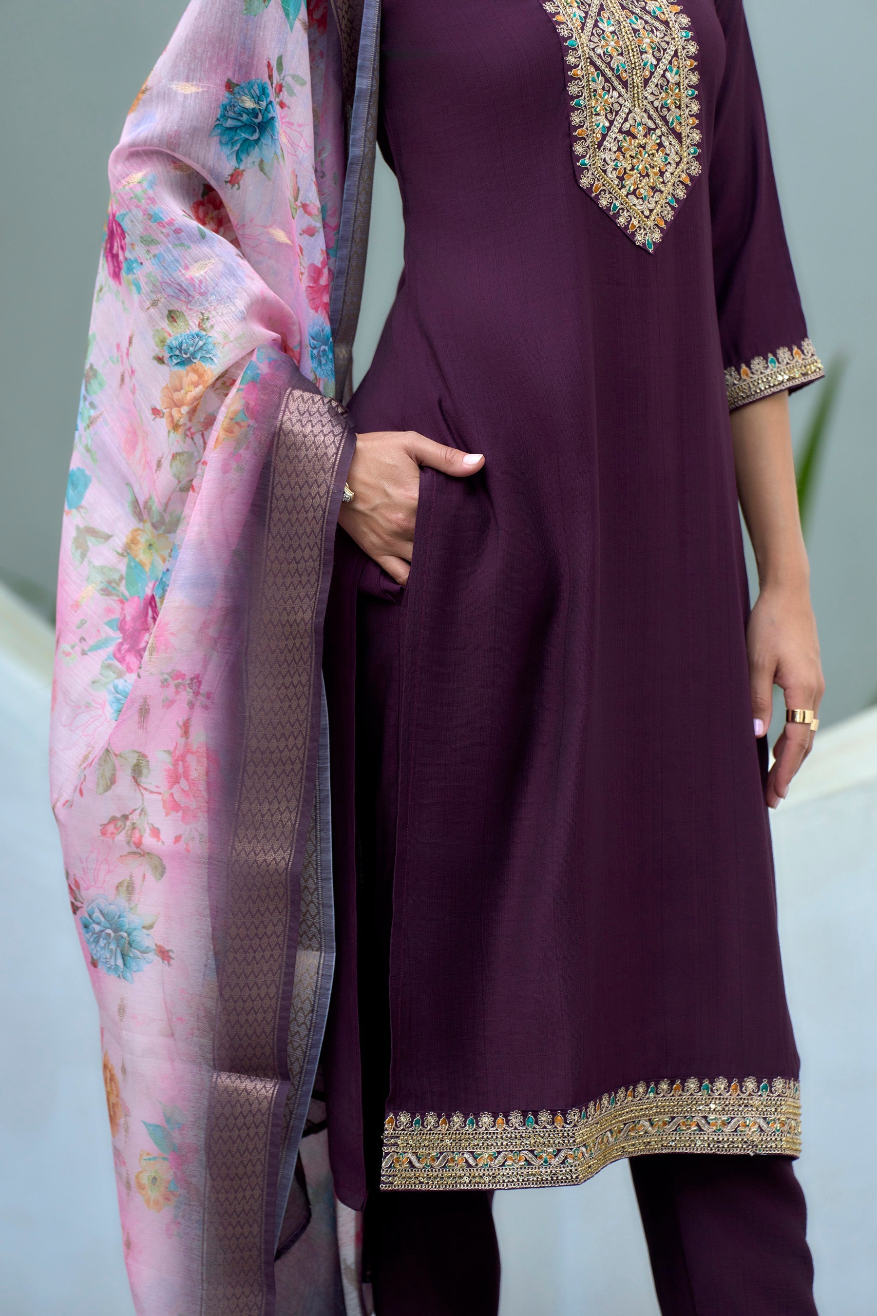 Women's Cotton Purple Embroidered Kurta Pant With Dupatta