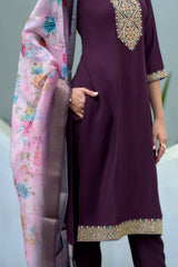 Women's Cotton Purple Embroidered Kurta Pant With Dupatta-AVT-S2046-Purple