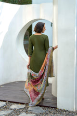 Women's Cotton Dark Green Embroidered Kurta Pant With Dupatta-AVT-S2047-Dgreen