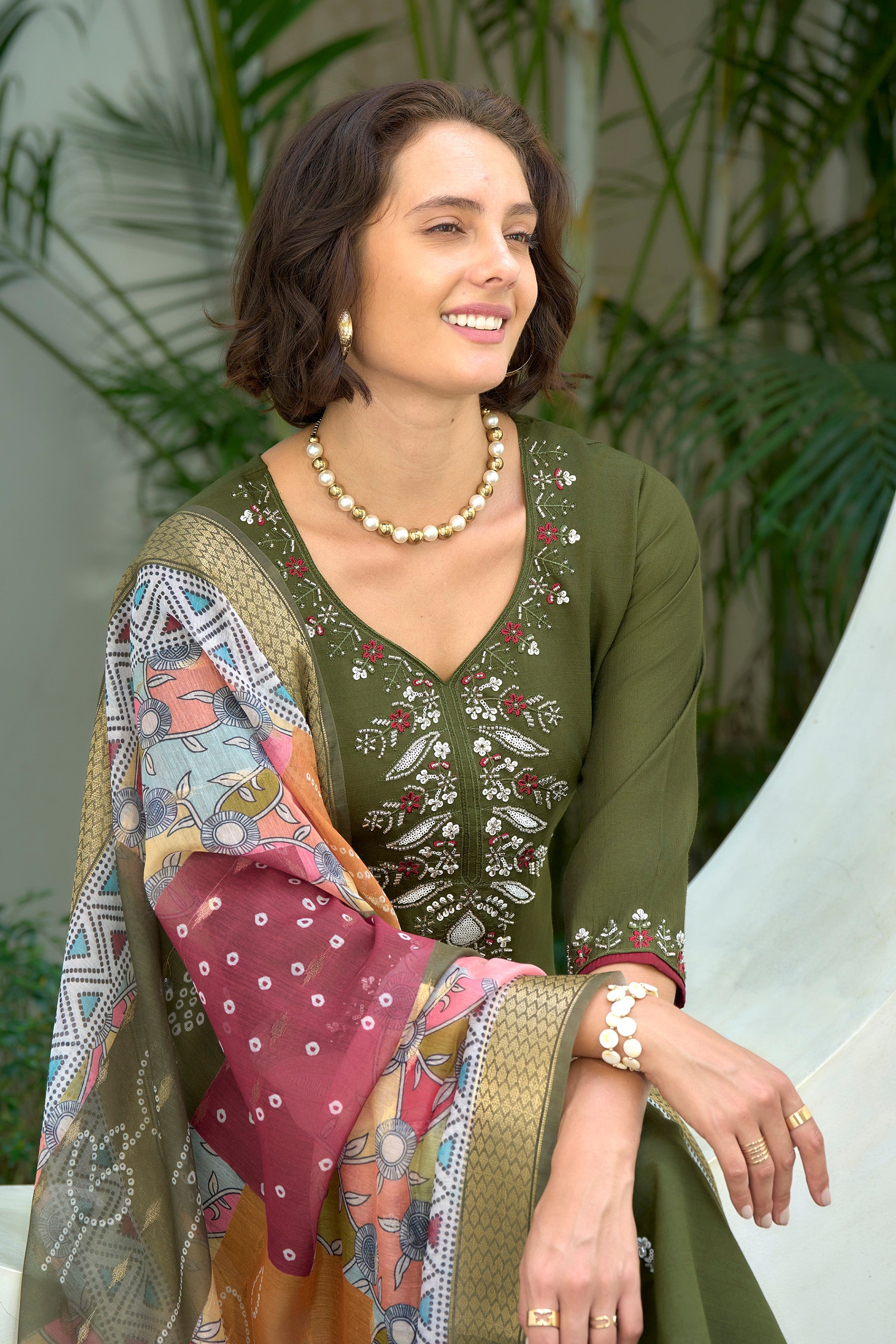 Women's Cotton Dark Green Embroidered Kurta Pant With Dupatta