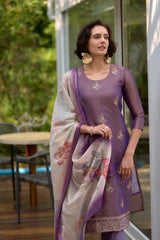 Women's Cotton Lavendar Embroidered Kurta Pant With Dupatta-AVT-S2048-Lavendar