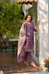 Women's Cotton Lavendar Embroidered Kurta Pant With Dupatta-AVT-S2048-Lavendar
