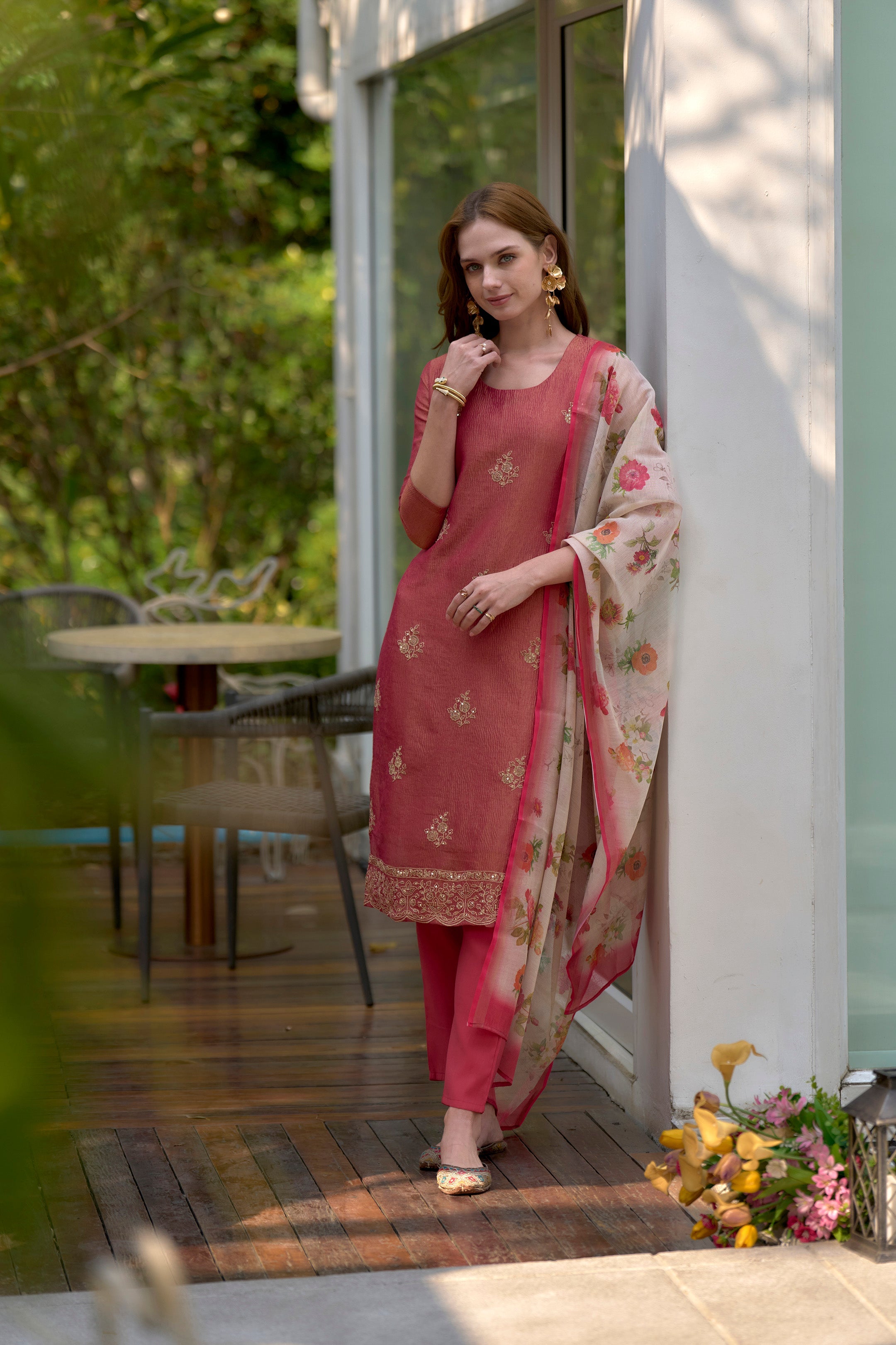 Women's Cotton Red Embroidered Kurta Pant With Dupatta