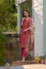 Women's Cotton Red Embroidered Kurta Pant With Dupatta-AVT-S2049-Red