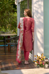 Women's Cotton Red Embroidered Kurta Pant With Dupatta-AVT-S2049-Red