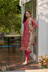 Women's Cotton Red Embroidered Kurta Pant With Dupatta-AVT-S2049-Red