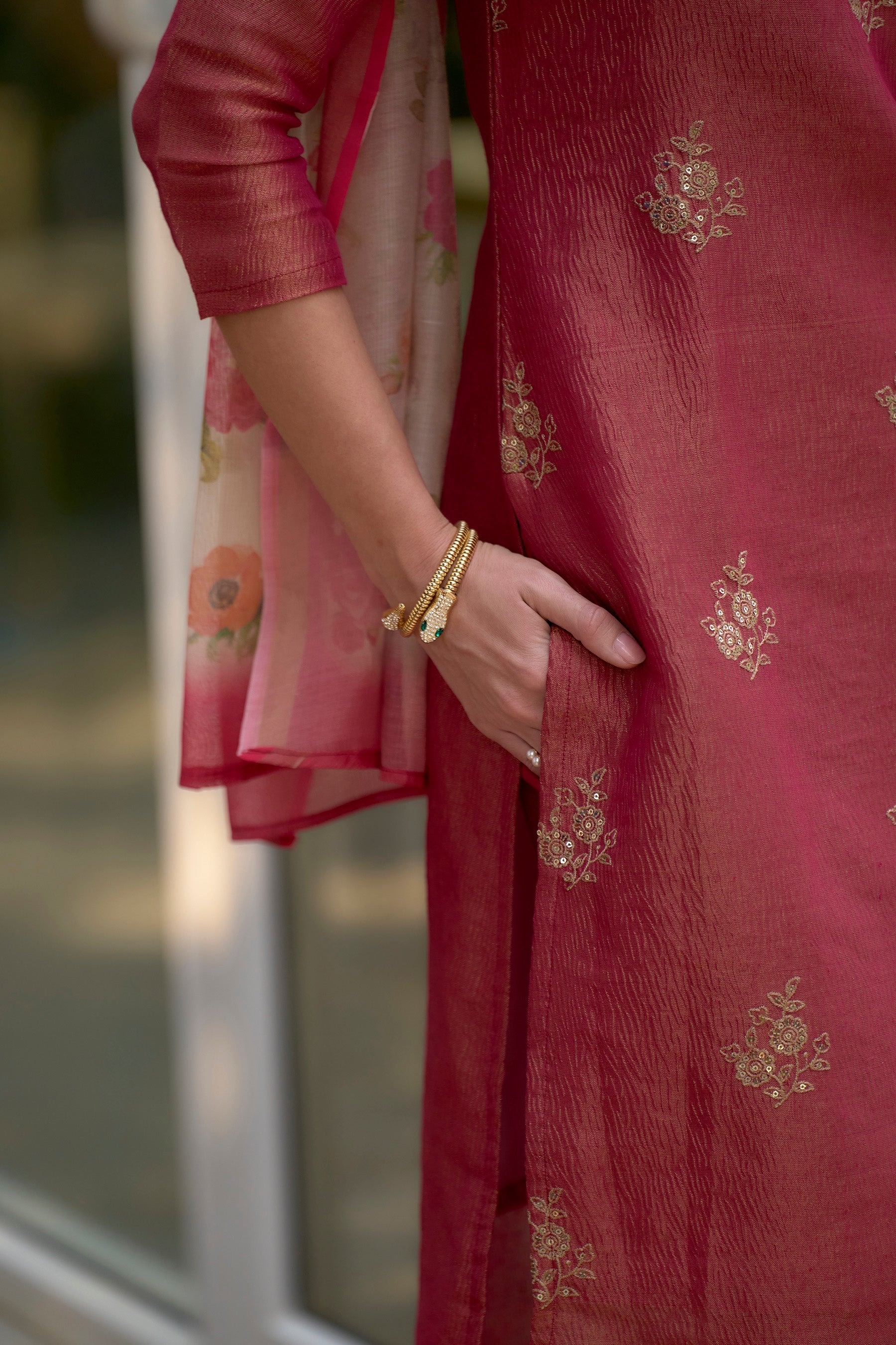 Women's Cotton Red Embroidered Kurta Pant With Dupatta