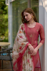 Women's Cotton Red Embroidered Kurta Pant With Dupatta-AVT-S2049-Red