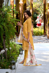 Women's Cotton Yellow Embroidered Kurta Pant With Dupatta-AVT-S2050-Yellow