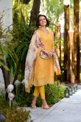 Women's Cotton Yellow Embroidered Kurta Pant With Dupatta-AVT-S2050-Yellow