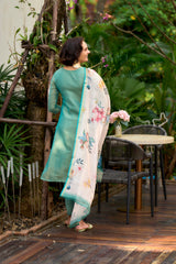 Women's Cotton Teal Embroidered Kurta Pant With Dupatta-AVT-S2051-Teal