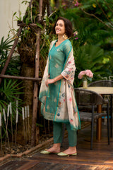 Women's Cotton Teal Embroidered Kurta Pant With Dupatta-AVT-S2051-Teal