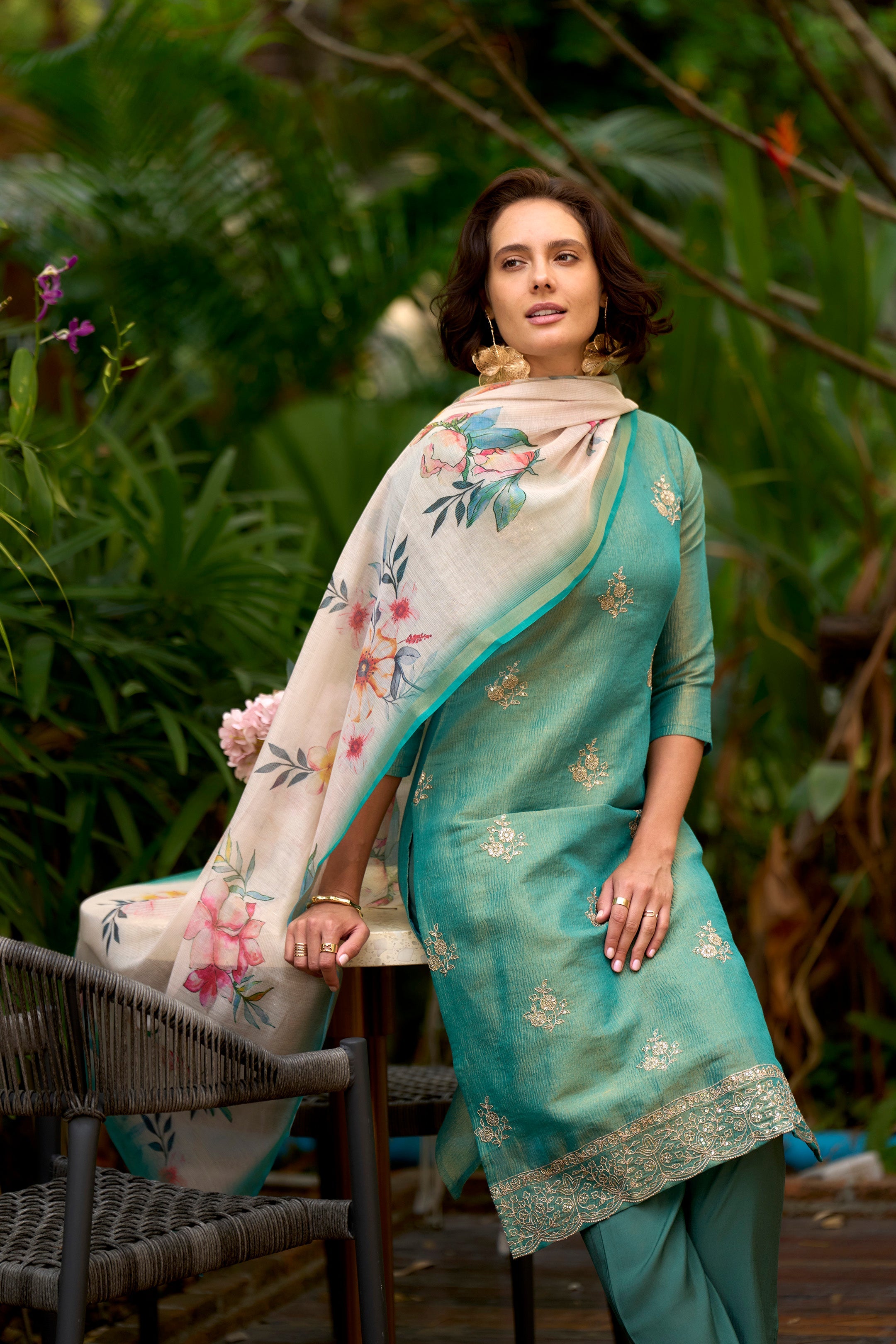 Women's Cotton Teal Embroidered Kurta Pant With Dupatta