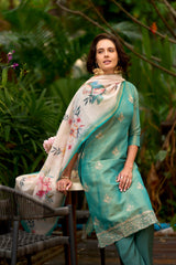 Women's Cotton Teal Embroidered Kurta Pant With Dupatta-AVT-S2051-Teal