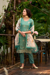 Women's Cotton Teal Embroidered Kurta Pant With Dupatta-AVT-S2051-Teal