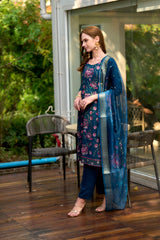 Women's Cotton Teal Embroidered Kurta Pant With Dupatta-AVT-S2052-Teal