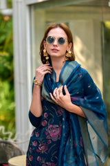 Women's Cotton Teal Embroidered Kurta Pant With Dupatta-AVT-S2052-Teal