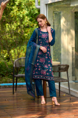 Women's Cotton Teal Embroidered Kurta Pant With Dupatta-AVT-S2052-Teal